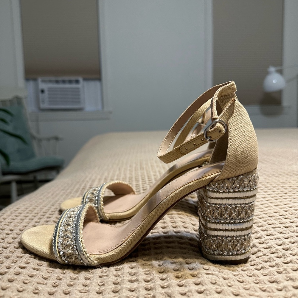 Elegant Tan Woven Heel Sandals